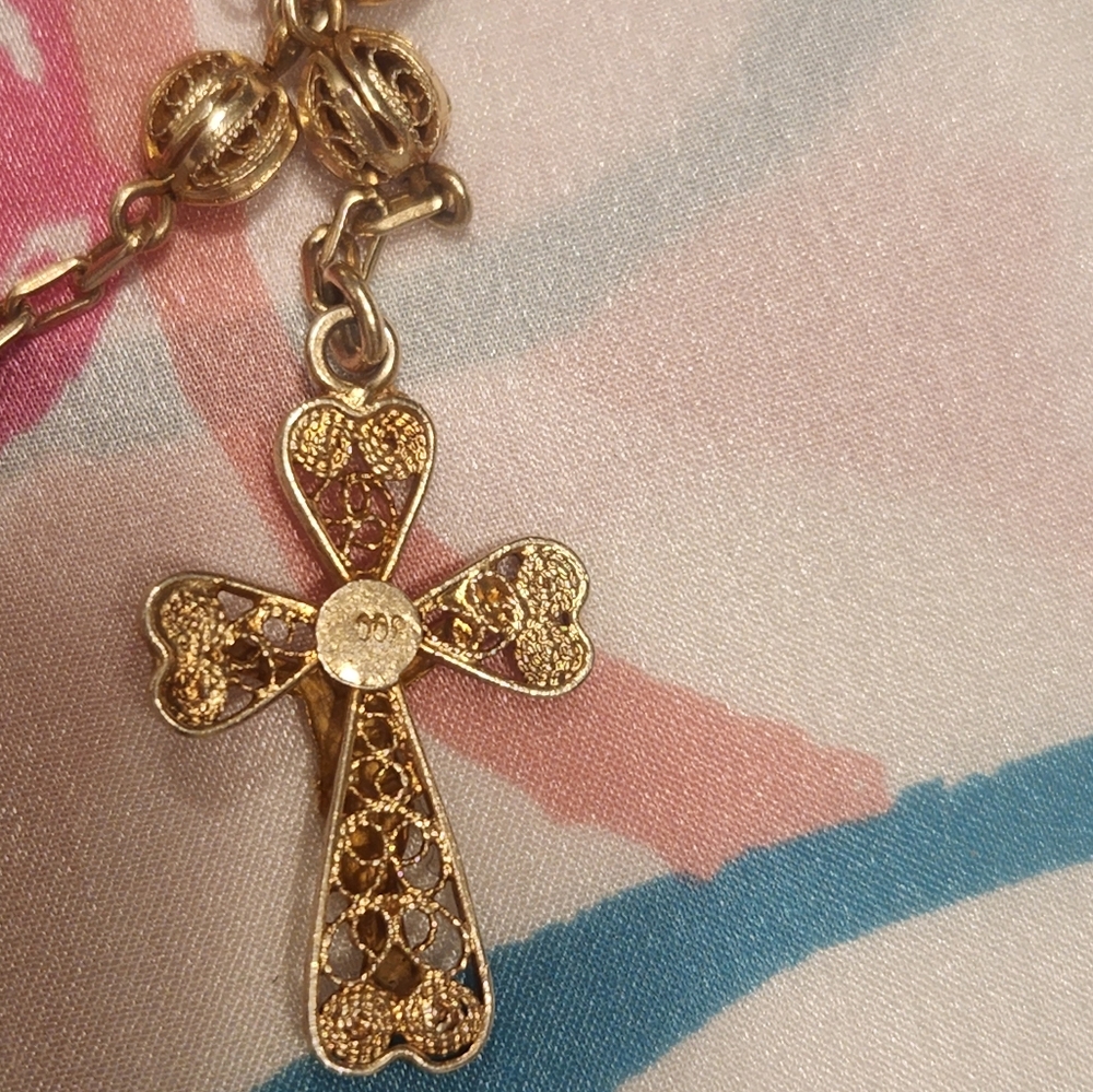 Gold Beaded Necklace with Cross Pendant, 800 Plate Vintage - Picture 6 of 7